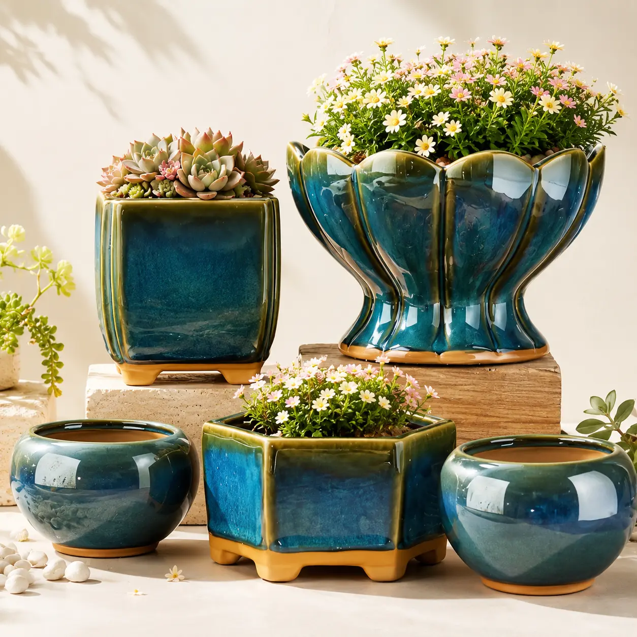 5-piece handmade kiln-fired ceramic flower pot set, retro blue planters for succulents, bonsai, herbs, and small plants—ideal for patio gardens, porches, balconies, windowsills, living rooms, and home decor