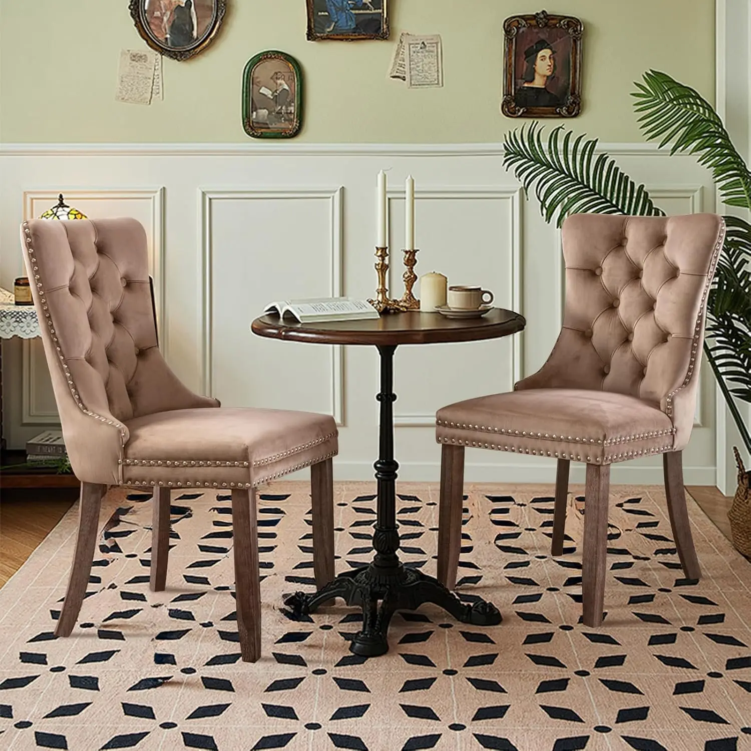 Velvet Dining Chair Set of 2 Upholstered Tufted Dining Room Chair with Nailhead Trim and Solid Legs for Kitchen, Restaurant