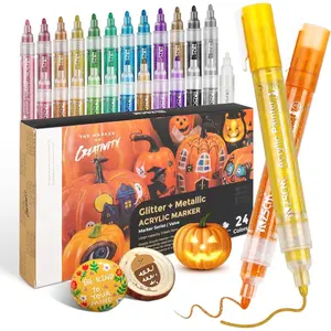 Pens  Markers,  24 Colors  Markers for Halloween Pumpkin Painting Kit, Glitter & Metallic Art Marker, for Adults Card Making, Rocks Painting,  Slices, Pumpkin Decoration