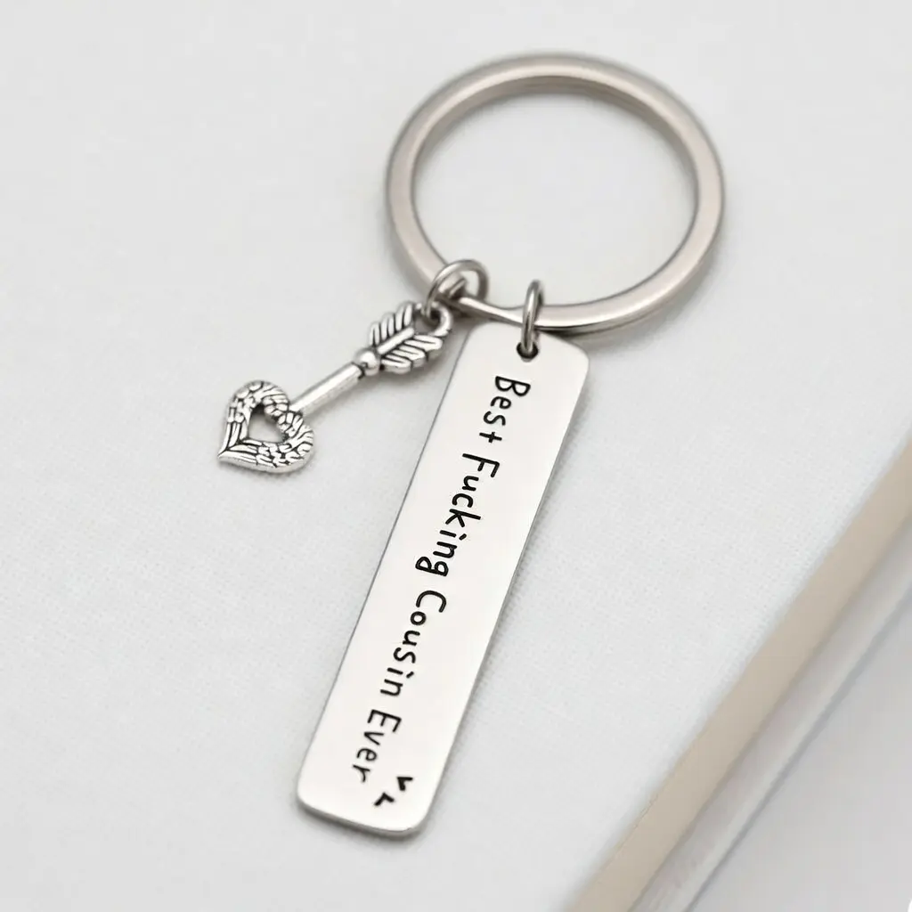 Funny Cousin Keychain for Women, Hand-Stamped Stainless Steel Key Ring with Arrow Heart Charm & Bold Statement, Humorous Birthday Gift for Best Friends, Happy Birthday