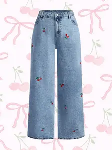 Women's Hand Embroidered Cherry Casual Straight Leg Wide Pants, Elegant Woven Denim Jeans, All Seasons Fashion, Comfortable Fit Trouser