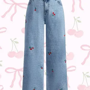 Women's Hand Embroidered Cherry Casual Straight Leg Wide Pants, Elegant Woven Denim Jeans, All Seasons Fashion, Comfortable Fit Trouser