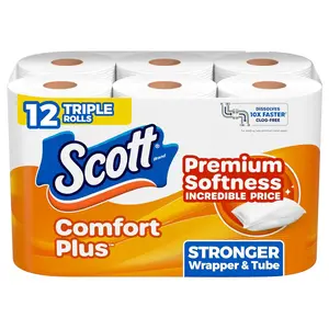 Scott ComfortPlus Toilet Paper, Durable Shipping Pack, 12 Triple Rolls, 231 Sheets per Roll, 1-Ply Toilet Tissue