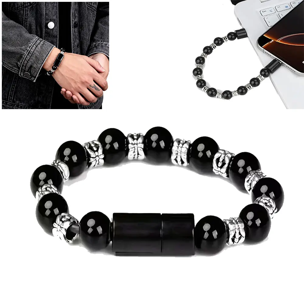 Retractable Wired 2-in-1 Beaded Design USB Charging Cable - Wearable Cellphone Charger with Type-C, Lightning Fast Charging Compatibility for Smartphones