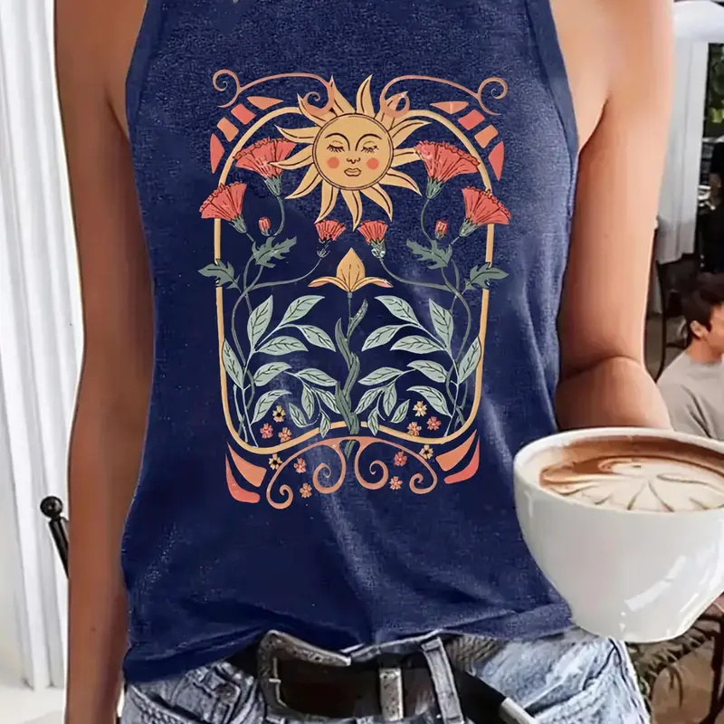 Women's Floral, Sunflower & Sun Print Round Neck Tank Top, Boho Bohemian Sleeveless Crew Neck Top for Summer, Ladies Clothes for Daily Wear