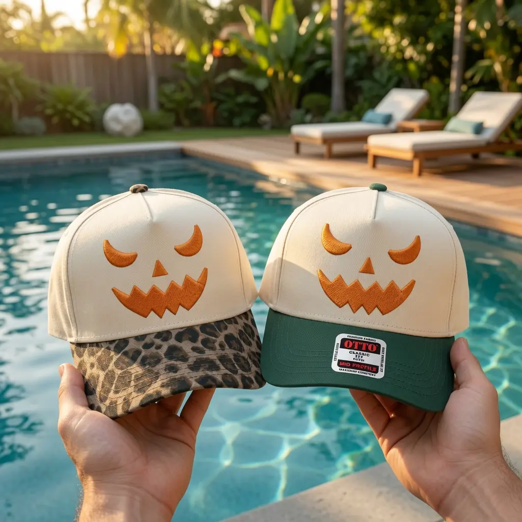 Jack O Lantern Face Embroidered Two Tone Baseball Hat, Spooky Halloween Cap with Leopard or Navy Brim, Adjustable Pumpkin Dad Hat, Funny Fall Costume Party Accessory, October Gift for Women Men Teens, Pumpkin Patch and Autumn Outfit