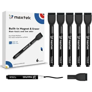 Magnetic Black Dry Erase Markers, 6 Count Fine Tip Whiteboard Markers with Eraser, Low Odor Thin Markers for Classroom, Office and Home