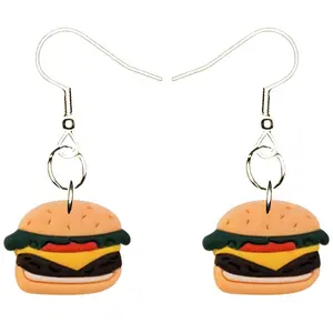 Hamburger Burger Earrings Hypoallergenic Silver Plated Fishhooks Yazzle Dazzle Fries Nugget Chicken Patty Lettuce Tomato Bacon Fast Food Grill Cook