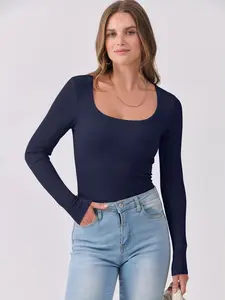 Women's Long Sleeve Top, Everyday Casual Chic Scoop Neck Design, Ribbed Knit Material, Slim Fit Style, Basic Tees & Spring Essentials