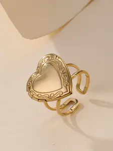 Gold Tone Vintage Engraved Heart Locket Open Ring For Women Adjustable Multi Band Hidden Compartment Stackable Jewelry Birthday Gift For Her