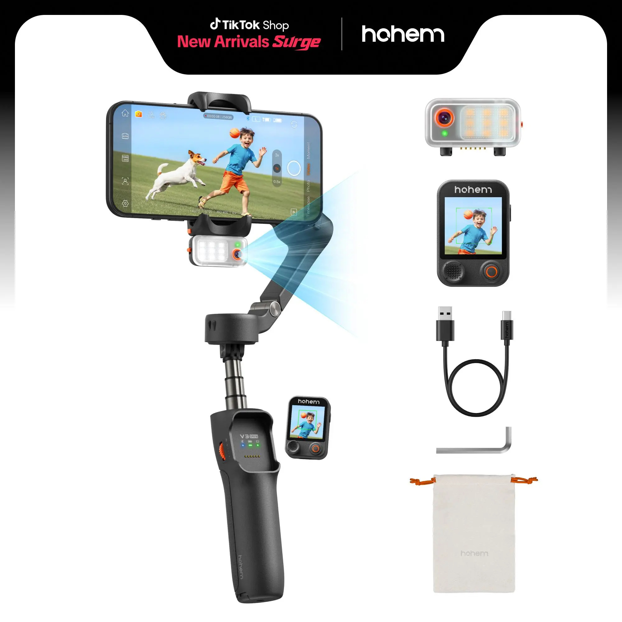 hohem iSteady V3 Ultra Gimbal,Detachable Touchscreen Remote,Advanced AI Tracking with any App,360° Infinite Pan Tracking,Select People&Obeject on Touchscreen to Track,3-Color Fill Light,3-Axis Stabilization, Compatible with most iPhone&Android series