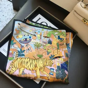 100% Silk Scarf with Tiger and Architectural Structures Design - Soft and Luxurious Fabric, Colorful Patterns handbag