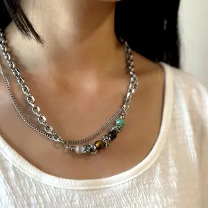 Stainless Steel Layered Chain Necklace with Natural Stone Beads Turquoise Tiger Eye Agate White Jade Adjustable 45-55cm for Men Women