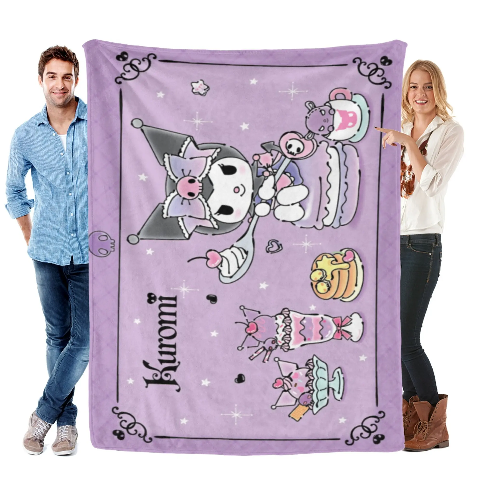 [SummerVibes] SANRIO CLASSIC Kuromi Sweet Desserts Soft Flannel Blanket, Pastel Purple 2D Print Throw for Home Bedroom Decor, Couch & Office Nap