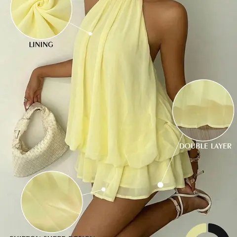 Women's Trendy Casual Wear Everyday Dress, Solid Chiffon Lightweight Sleeveless Tie-Neck Mini Dress with Loose Fit, Elegant Urban Style Outfits for Summer