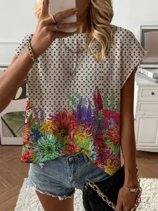 Summer Round Neck Short Sleeve Knit Top, Loose Fit Floral Print, Casual Elegant Chic Commuter, Bikini Cover-Up, Women's Fashion
