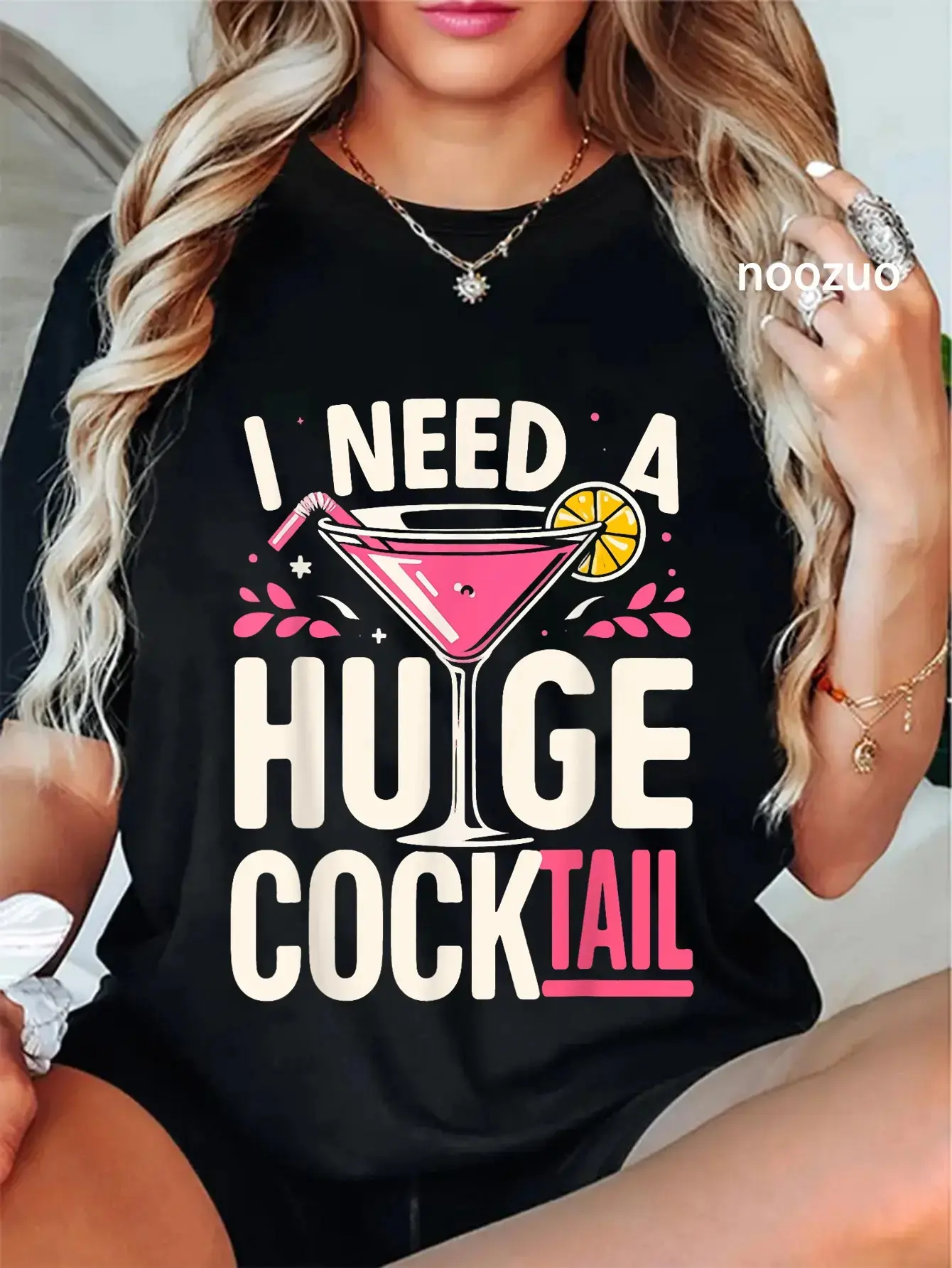 Women's 100% Cotton Graphic T-Shirt, Unisex Streetwear Everyday Casual Top with Funny Adult Joke "I Need a Huge COCKtail" Drinking Quote, Round Neck, Tshirt, Playful Look, Funny Quote