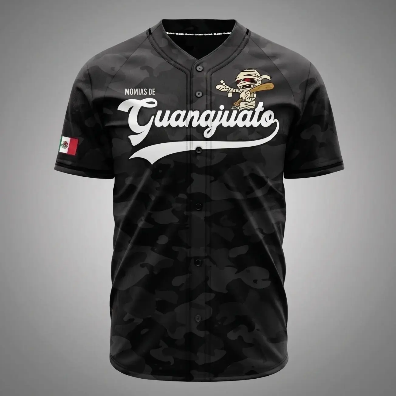 Momias de Guanajuato Black Camouflage Baseball Jersey – Mexican Heritage Mummy Graphic Button-Up Sports Shirt, Unisex Athletic Jersey