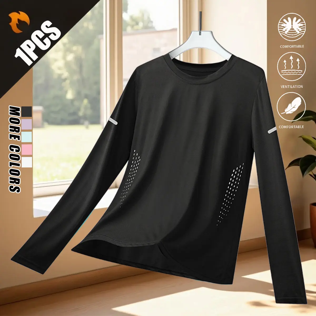 Women’s basic athletic long-sleeve T-shirt made from high-quality polyester fiber, offering excellent shape retention.Crew neck design, side ventilation holes, and reflective stripes create a sporty look, suitable for numerous casual and fitness occasions