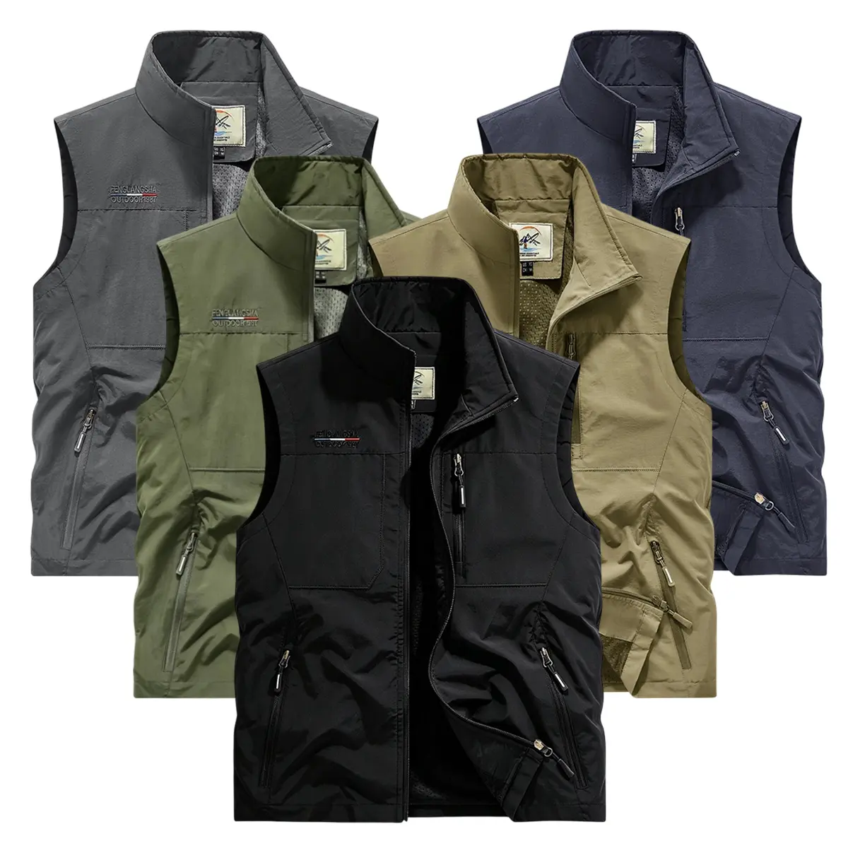 Men’s outdoor sleeveless vest, lightweight quick-dry zip-up stand collar cargo vest with multiple zippered pockets, casual vest for fishing, photography, and travel