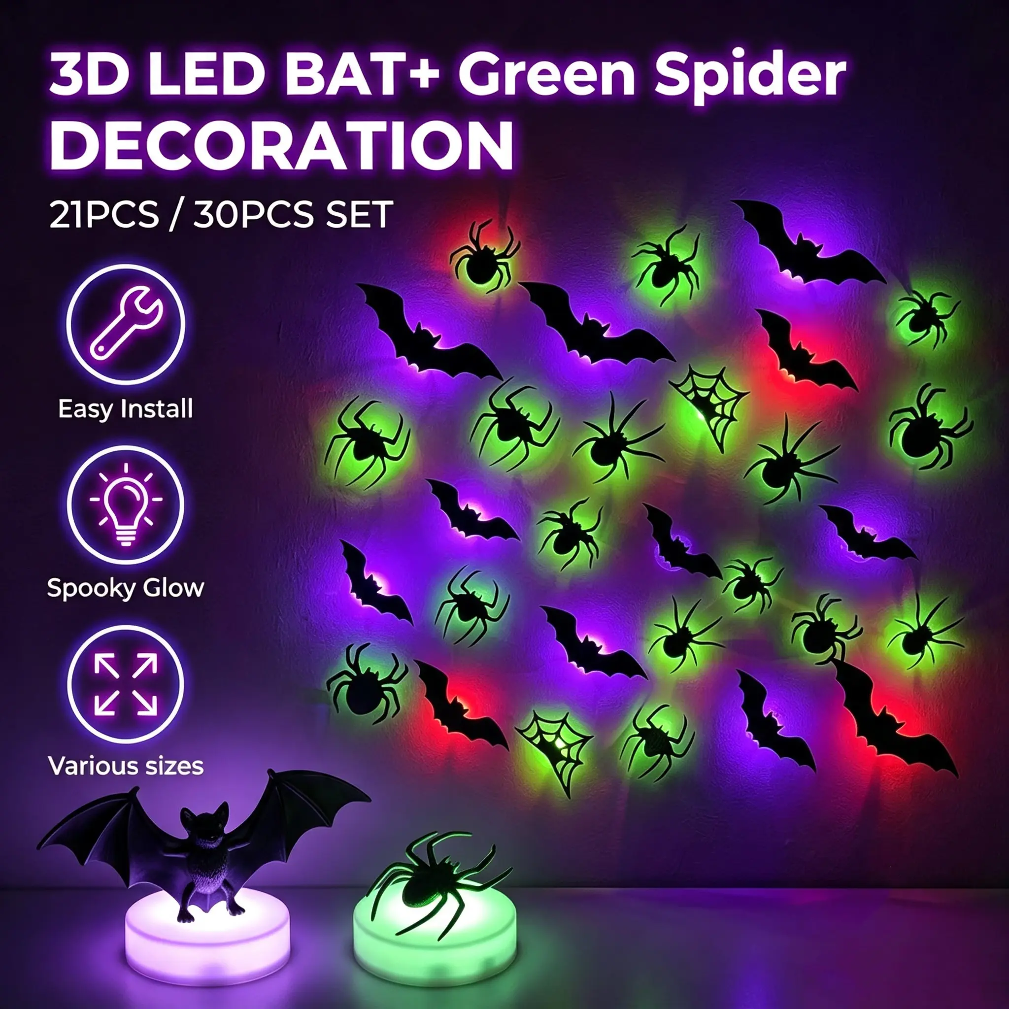 21/30Pcs Halloween 3D LED Bat & Spider Wall Lights - Purple & Green Glowing Wall Stickers, Battery Powered Spooky Window Decor for Home, Door, Staircase, Party