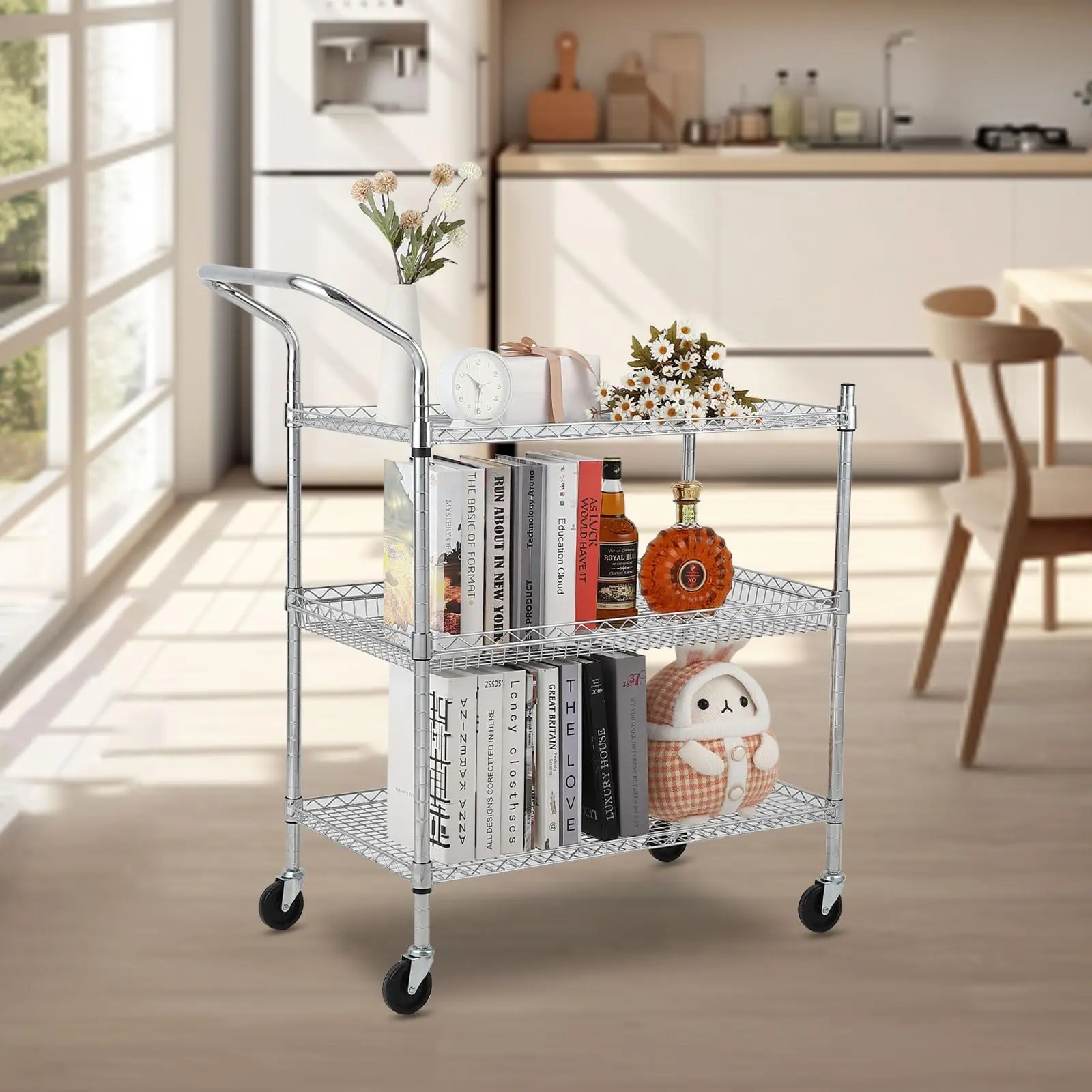 【GARVEE】Commercial Grade 3 or 2Tier Kitchen Cart - Heavy Duty Metal Rolling Utility Cart With Locking Wheels, Wire Shelves & Handle - Food Storage Trolley for Restaurant, Kitchen, Office