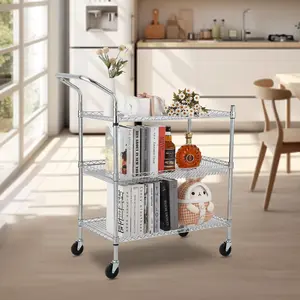 【GARVEE】Commercial Grade 3 or 2Tier Kitchen Cart - Heavy Duty Metal Rolling Utility Cart With Locking Wheels, Wire Shelves & Handle - Food Storage Trolley for Restaurant, Kitchen, Office