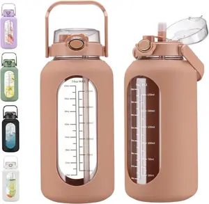 WINSA 74 oz Glass Water Bolttles with Straw Large Motivational Water Bottle with Time Marker Sports Water Bottles with Silicone Sleeve and Handle Lid 2.2L Water Jug for Gym Workout