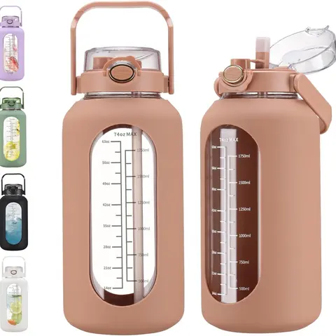 WINSA Reusable Colored Glass Water Bottle - 74 oz (2.2L/2000+ ml) Drink Container, Leakproof Gym Accessory with Straw, Hole, Time Marker, Anti-Slip Silicone Sleeve, Handle Lid, Fast Sipping for Gym Use, Glass Bottles