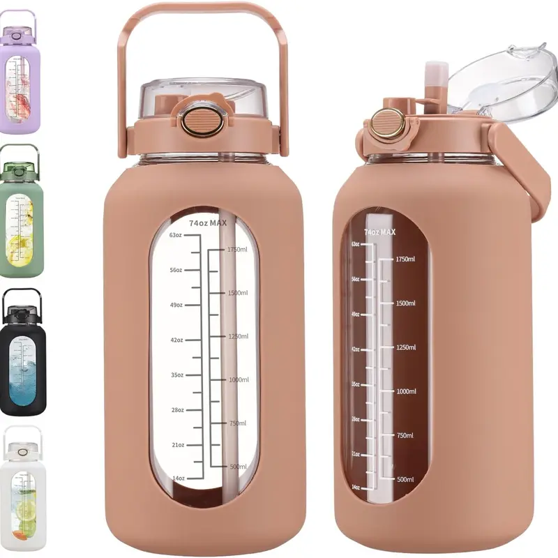 WINSA Reusable Colored Glass Water Bottle - 74 oz (2.2L/2000+ ml) Drink Container, Leakproof Gym Accessory with Straw, Hole, Time Marker, Anti-Slip Silicone Sleeve, Handle Lid, Fast Sipping for Gym Use, Glass Bottles