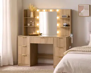 AMERLIFE 36.2/47.2" Fluted Vanity Desk with Mirror and Adjustable LED Lights, Large 4/7 Drawers Makeup Table with Glass Top and Charging Station for Women and Girls,,Best Gift Ideas/Christmas Gifts