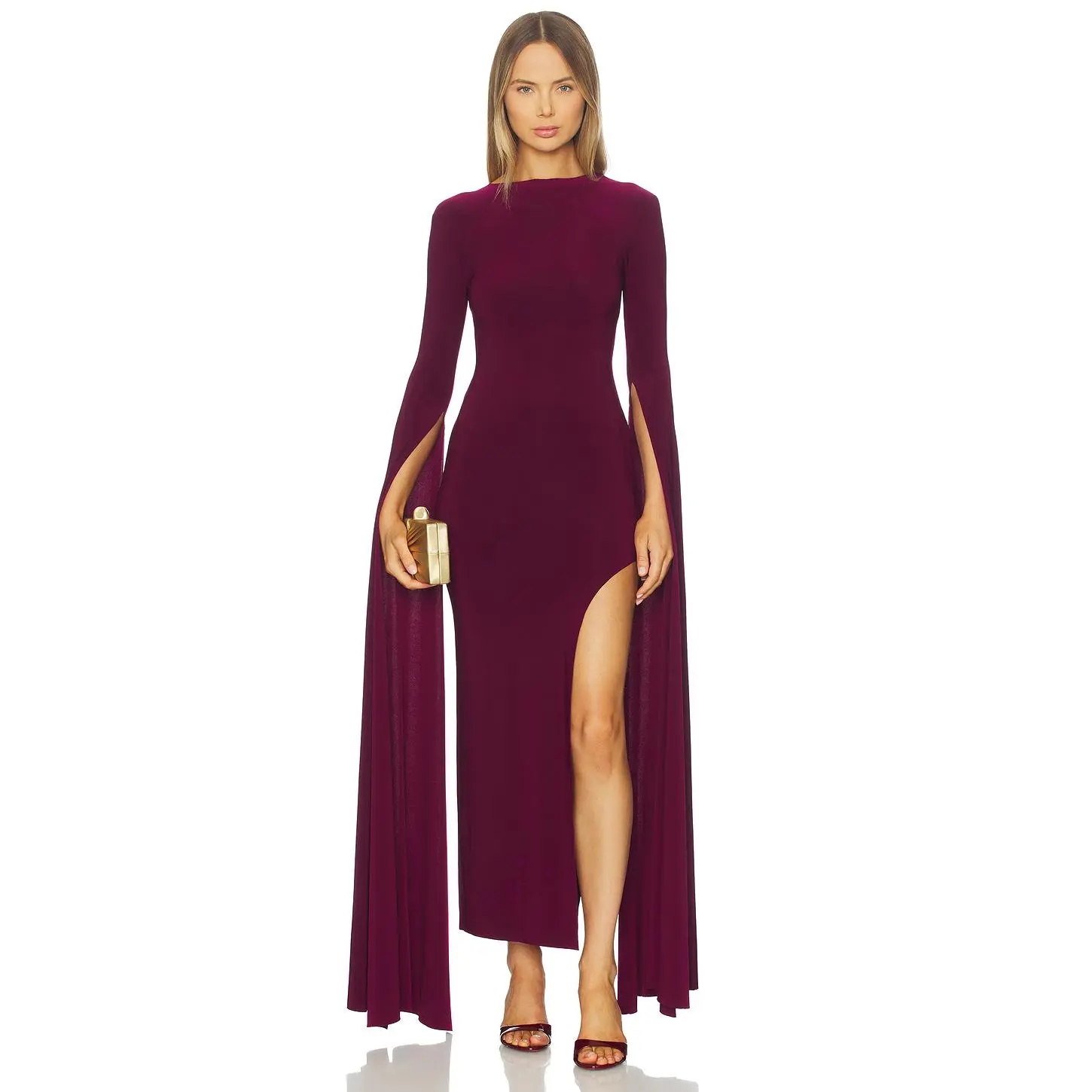 Norma Kamali Open Back Ribbon Sleeve Wide Slit Gown in Plum
