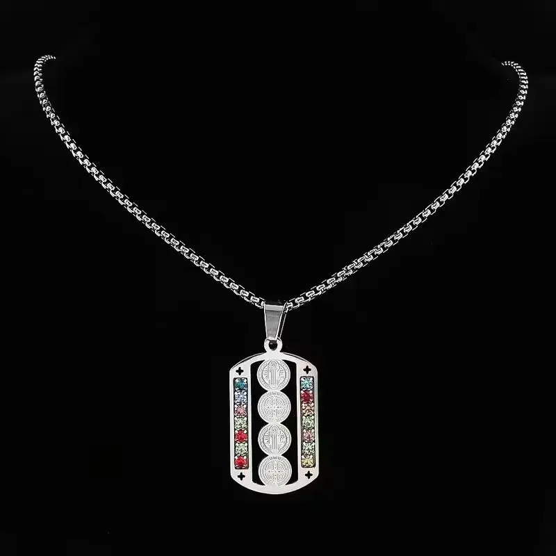 Unisex Mixed-Color Stainless Steel Saint Benedict Pendant Necklace - Spiritual Religious Symbol Pendant Charm, Daily Wear Chain Jewelry Necklaces, Meaningful Christian Gift Accessory