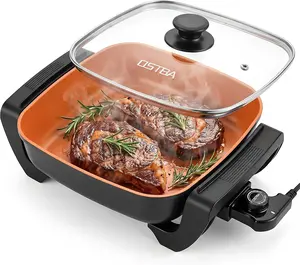 OSTBA Electric Skillet and Frying Pan with Glass Lid, 12"x12" Copper Nonstick Electric Pan for Cooking, 1500W Power, Cool Touch Handles, Adjustable Temperature, PTFE & PFOA Free