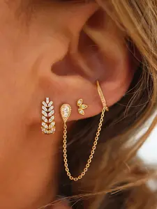 3Pcs Exquisite 24K Gold Plated Cubic Zirconia Cuff Chain Earrings Set For Women Zircon Chain Stud Earrings Pack Hoop Earrings Stack