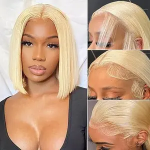 13x4 613 Blonde Bob Wig Human Hair Soft & Silky 180 Density HD Lace Pre Plucked Glueless Wear and Go Short Straight Bob Wig 16 Inch