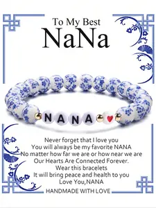 Blue & Ceramic Beaded Bracelet, Nana Mama Letter Bracelet with Blessing Card, Mother's Day Gift, Christmas Gift, Valentine's Day Gift
