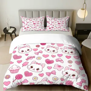 3PCS Duvet Cover Set, 1 Duvet+2 Pillowcases(Without filler), Cute Cat Heart Bow Cupcake Candy theme, Valentine's bedding set, Pink Kitty Pattern Decorative Duvet Cover Suitable for decoration Bedroom Dormitory Apartment Guest Room