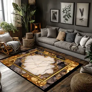 White Grey Gold Ink Marble Gold Frame Crystal Velvet Luxury Area Rug Non‑Slip Living Room Rug #LuxuryInkMarbleRug #ModernHomeDecor #WhiteGreyGoldRug #GoldBorderCarpet #CrystalVelvetRug
