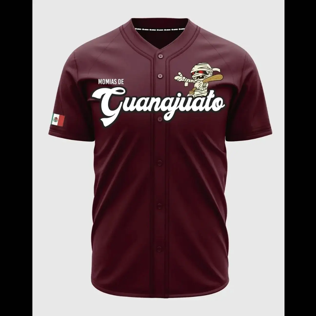 Momias de Guanajuato Maroon Baseball Jersey – Mexican Heritage Button-Up Shirt, Vintage Mummy Graphic Jersey, Unisex Sports Apparel