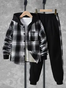 Two-piece Set Boy's Plaid Print Button Front Hooded Jacket & Elastic Waist Pants Set, Casual Drop Shoulder Long Sleeve Coats Top & Trousers for Fall & Winter, Kids Clothes for Daily Wear, Sweatshirts, Youth Kits
