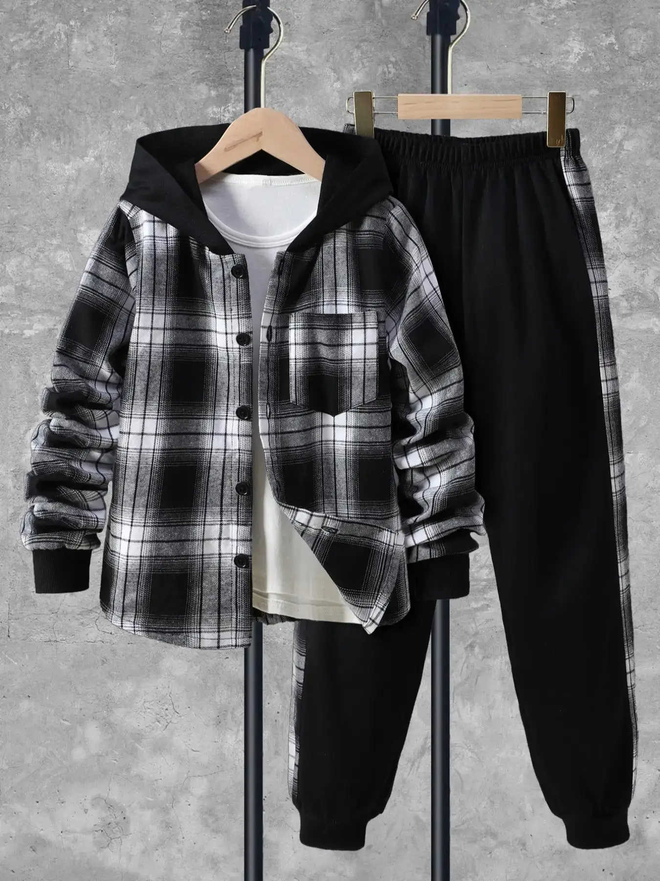 Two-piece Set Boy's Plaid Print Button Front Hooded Jacket & Elastic Waist Pants Set, Casual Drop Shoulder Long Sleeve Coats Top & Trousers for Fall &