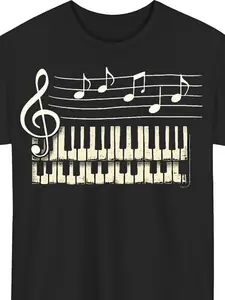 Men'S Plus Size Vintage Music Piano Keyboard Graphic T-Shirt |   Black Casual Short Sleeve Tee with Musical Notes Design, Soft, Machine Washable, Summer Style for Adults, Crew Neck, Regular Fit, Digital Heat Transfer, All-season Wear