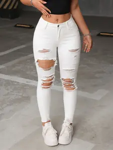 Women's Spring Summer Elastic Pants, Ripped Tight-Fit Denim Jeans, Fashionable Pencil Pants, Preppy Style, Moderate Fabric Thickness, Womenswear