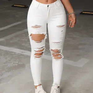 Women's spring and summer elastic pants, tear tight denim jeans, fashionable pencil pants, preparatory style, moderate fabric thickness, women's clothing, bottoms