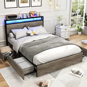 Queen Size Bed Frame with Storage Headboard and Charging Station, LED Queen Platform Bed with 4 Storage Drawers, Noise-Free, Metal Support Base, No Box Spring Needed, Gray
