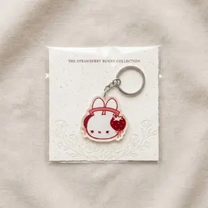 Kawaii Strawberry Bunny Acrylic Keychain, Cute Rabbit Bag Charm, Anime Bunny Keyring, Pastel Red Bunny Gift for Girls & Backpack Decor
