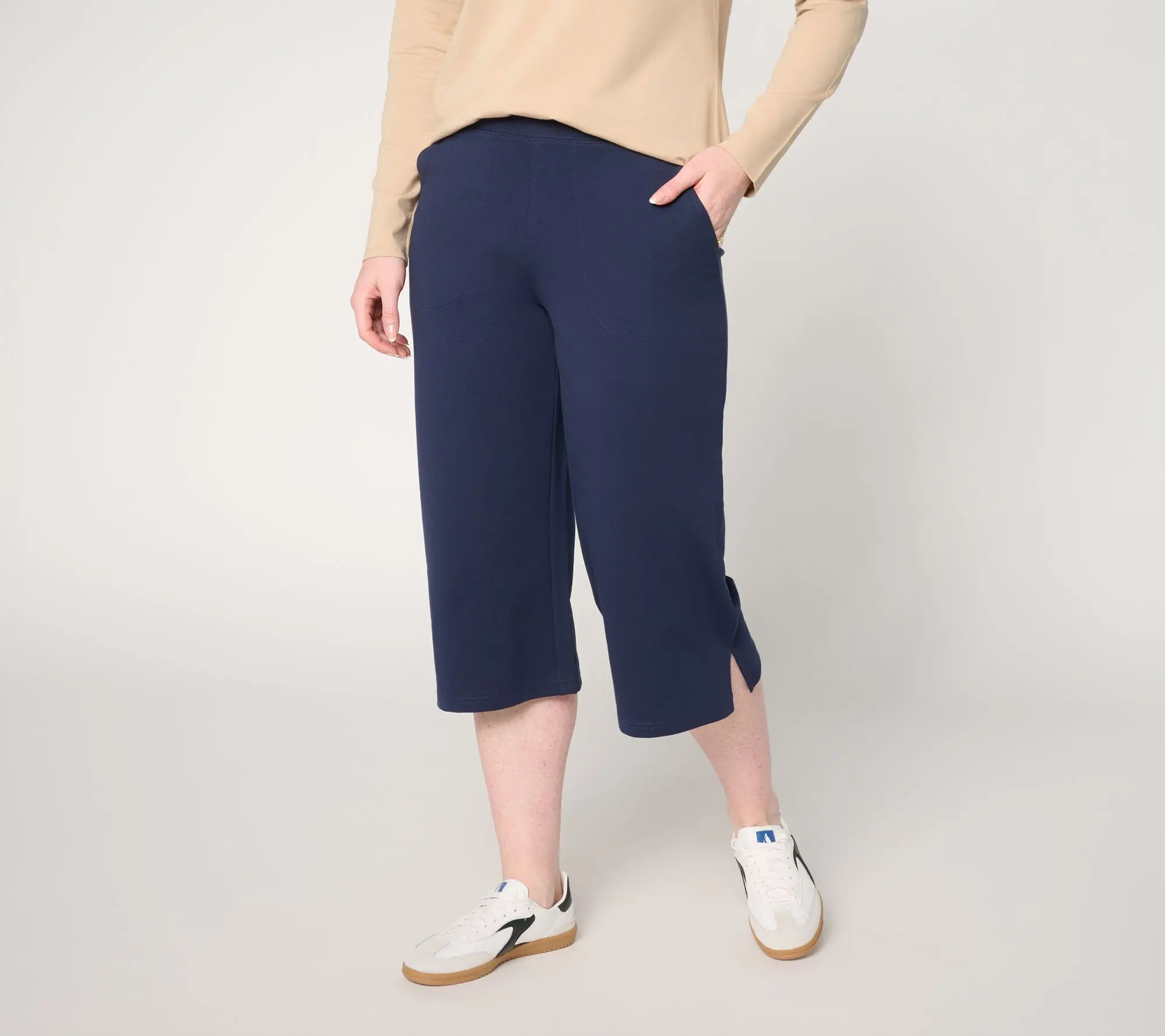 Denim & Co. Active Petite French Terry Wide Leg Capris w/ Side Slits
