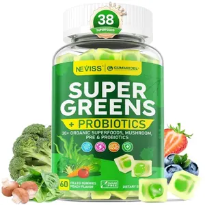 Organic Super Greens Daily Superfood Gummies + Probiotics, Spirulina, Chlorella Spinach Broccoli, Prebiotic Fiber, Mushroom -Rich in Vitamins - Adults & Teens Digestive, Focus, Energy, No Sugar, 60Cts
