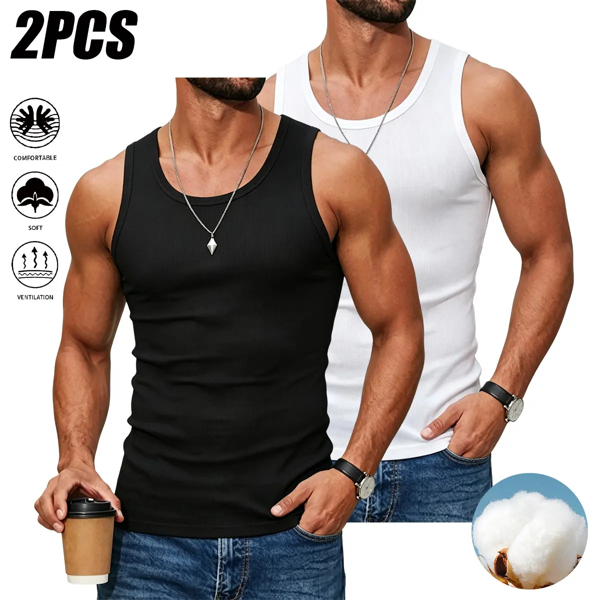 Men's 2-Pack Black & White Ribbed Cotton Tank Tops, Stretch Slim Fit Invisible Undershirts for Suits, Breathable Moisture-Wicking Gym Base Layer, Smooth Form-Fitting Daily Casual Vests